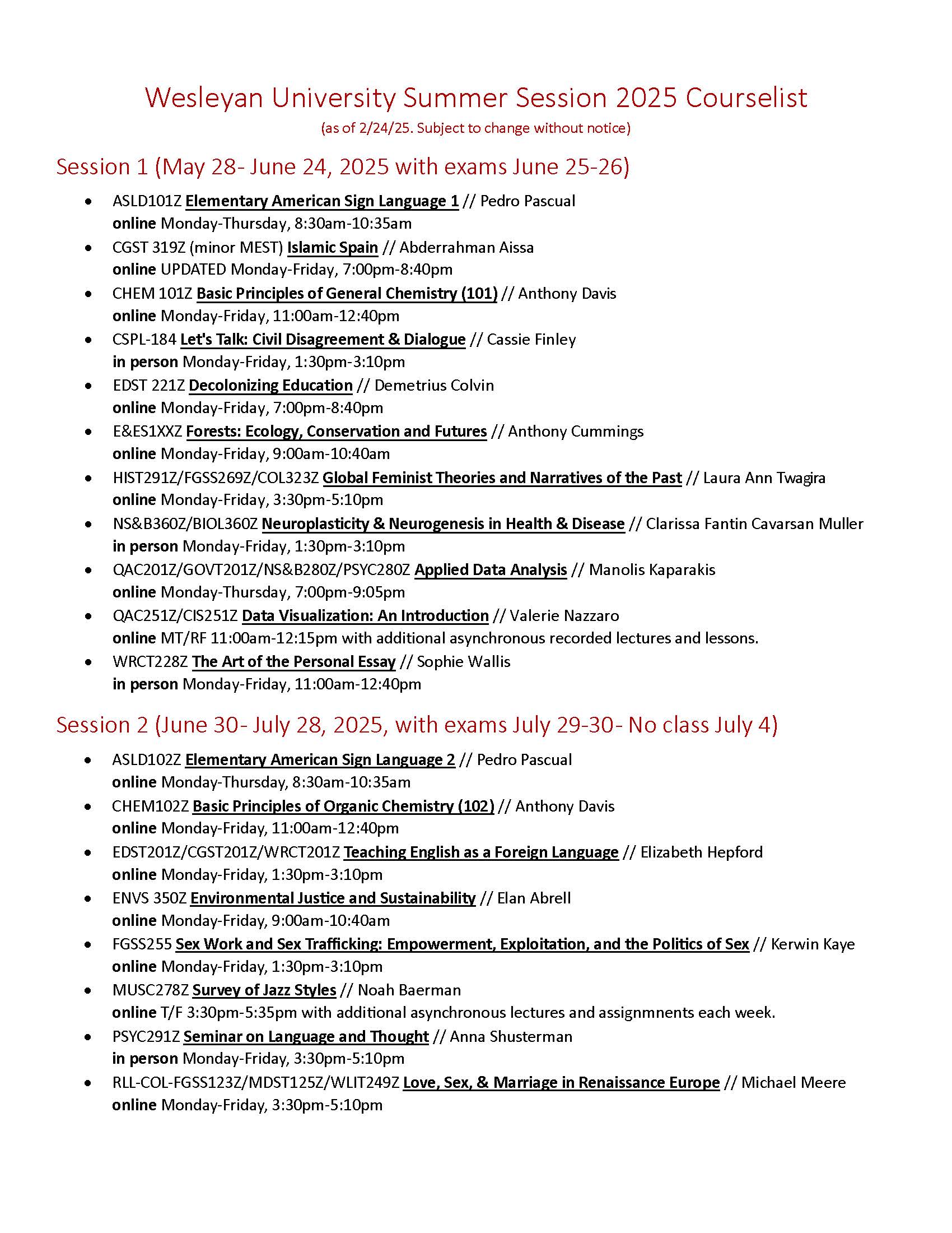 Image of Wesleyan Summer Session 2025 course list